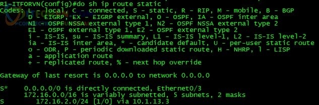 H11. Thực hiện "show ip route static" để kiểm tra lưu lượng khi cấu hình dự phòng IP SLA