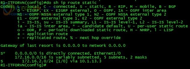 H12. Thực hiện "show ip route static" để kiểm tra lưu lượng đã chuyển hướng khi cấu hình dự phòng IP SLA