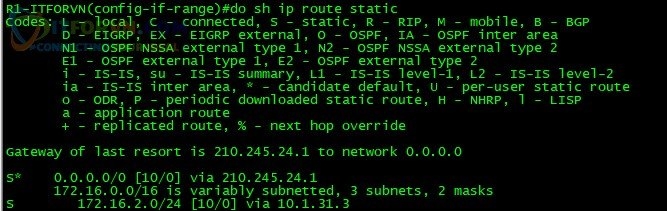 H4. Thực Hiện "show ip route static" trên R1 để kiểm tra tính dự phòng của Static Routing