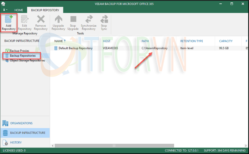 5.Viewing and adding backup repositories Veeam Backup for Office 365 v4